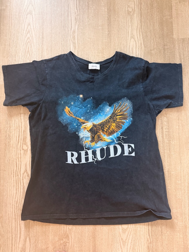 Rhude Black Tee With Blue & Gold Eagle Graphic